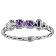 Beautiful Purple Amethyst Gemstone & 925 Sterling Silver Antique Style Round Bangle